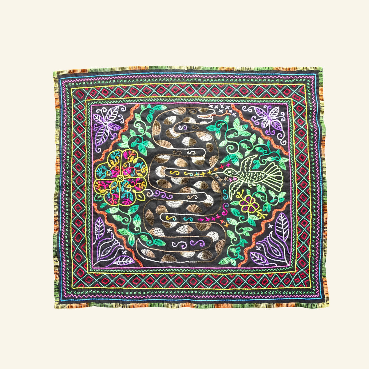 Shipibo Tuch – Schlange & Kolibri – 60 × 68 cm