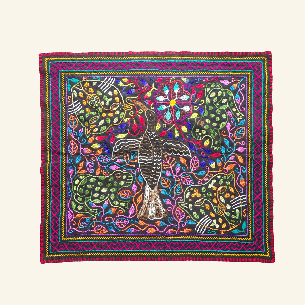 Shipibo Tuch – Adler, Frosch & Jaguare – 67 × 73 cm